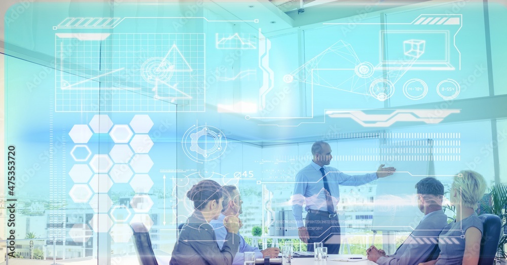 Poster composite image of digital interface with data processing against businessman giving a presentation