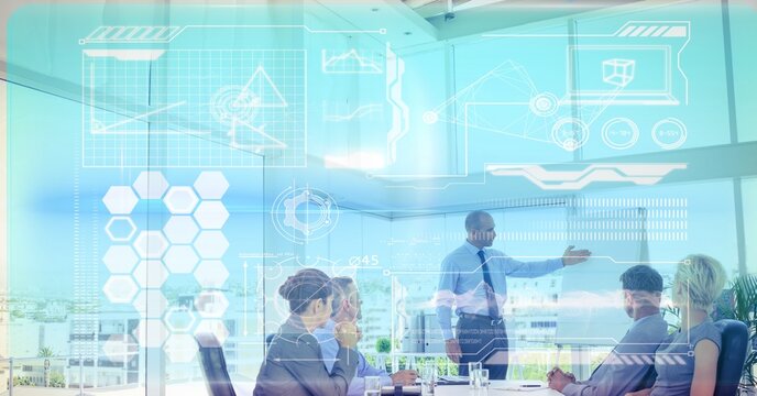 Composite image of digital interface with data processing against businessman giving a presentation