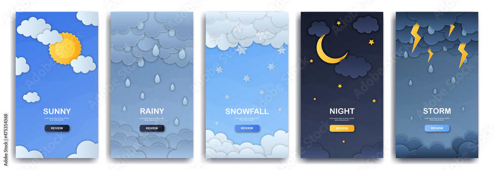 Wall mural set of weather condition illustrations. sun, rain, snowfall, storm, seasons. collection of cards, ba