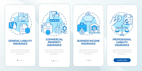 Fototapeta na wymiar Insurance types blue onboarding mobile app screen. Policy walkthrough 4 steps graphic instructions pages with linear concepts. UI, UX, GUI template. Myriad Pro-Bold, Regular fonts used
