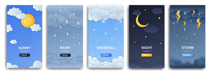 Set of weather condition illustrations. Sun, rain, snowfall, storm, seasons. Collection of cards, banners or posters. Flat cartoon vector illustrations