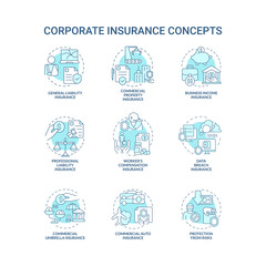 Corporate insurance turquoise concept icons set. Safety coverage idea thin line color illustrations. Isolated outline drawings. Editable stroke. Roboto-Medium, Myriad Pro-Bold fonts used