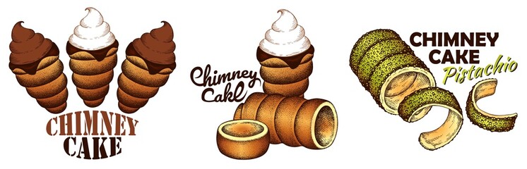 Sketch hand drawn logo of Chimney cake with ice cream, pistachio, chocolate, whipped cream isolated on white background. Line art drawing trdelnik, trdlo, Czech sweet baked food. Vector illustration. - 475354935