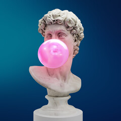 Funny concept illustration from 3d rendering of classical head sculpture blowing a pink chewing gum bubble. Isolated on blue background. - obrazy, fototapety, plakaty
