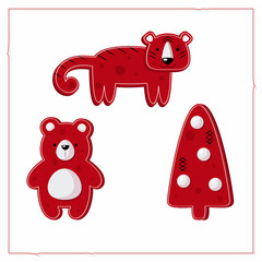 Christmas card with Christmas toys Christmas tree, bear, tiger. Red and white flat vector illustration isolated on white background.