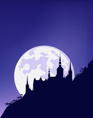 fantasy scene with night sky, full moon, mountain slope and medieval castle silhouette - fairy tale vector copy space background - obrazy, fototapety, plakaty