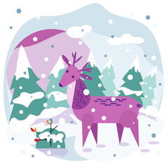 Vector greeting card for New Year holidays. Winter landscape with a deer. Illustration. Cartoon style