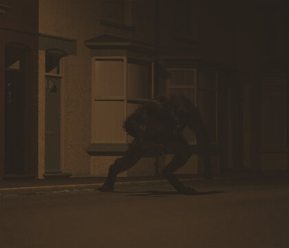 Illustration of a Werewolf Dogman cryptid in the street outside terraced houses