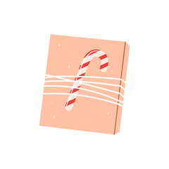 Gift box in crafting paper with candy cane. Eco package with decor elements. Flat vector illustration.