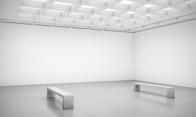3D rendering illustration of blank walls white cube gallery room with benches for art show mockups.