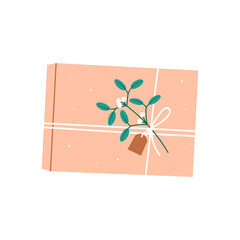 Gift box in crafting paper with mistletoe. Eco package with decor elements. Flat vector illustration.