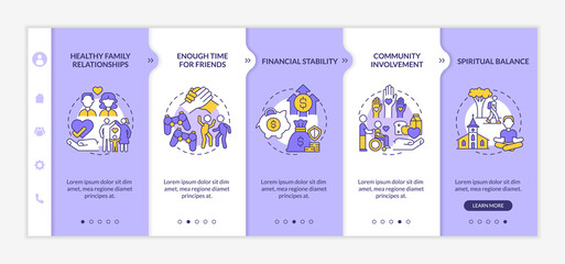 Signs of balanced life purple and white onboarding template. Harmony in life. Responsive mobile website with linear concept icons. Web page walkthrough 5 step screens. Lato-Bold, Regular fonts used