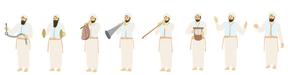Tribe of Levi - a painting of Levitical figures in the Holy Jewish Temple in Jerusalem. Singing, playing harp, violin, flute, and ancient cymbals. One holds a key. Historical vector drawing.