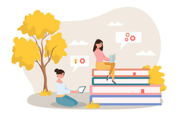 Learning process concept. Girls sitting in park. Characters engaged in selfeducation. Modern technologies against old knowledge. Nature near institute, autumn. Cartoon flat vector illustration