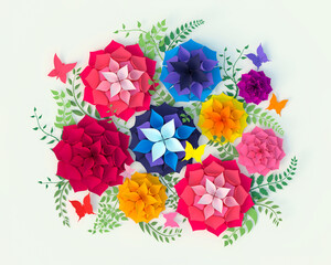 3D render illustration of bright colorful paper cut flowers and leaves. Floral background for mother's day greeting card, Easter, anniversary and birthday wallpaper.