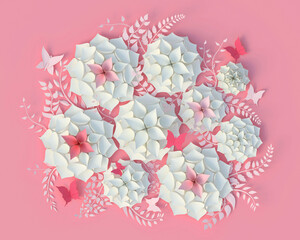 3D render illustration of white and pink paper cut flowers and leaves on pink background. Floral background for mother's day greeting card, Easter, anniversary and birthday wallpaper. 