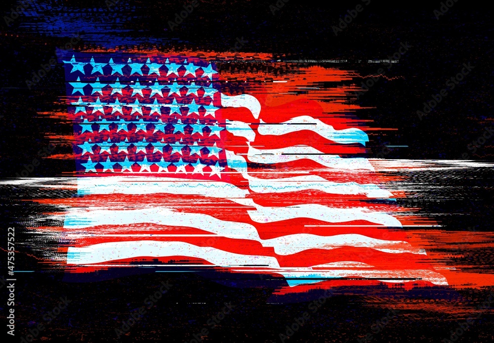 Wall mural glitch art united states of america national flag on black background.