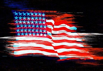 Glitch art United States of America national flag on black background.