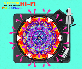 Psychedelic turntable. Vector realistic illustration of vintage hi-fi design device in colorful mandala style record design.