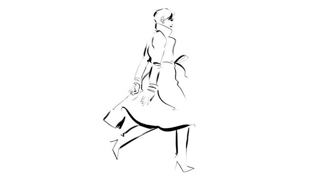 Fashionable young woman dressed in trench coat and high boots is running, carrying a purse in her hand. Hand drawn frame by frame animation. 