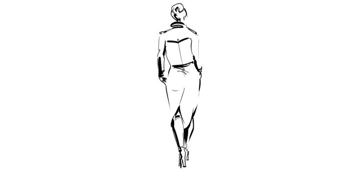 Slow motion animated footage of a woman walking dressed in a trench coat and thigh high boots, with swaying hips. Hand drawn frame by frame fashion animation. 