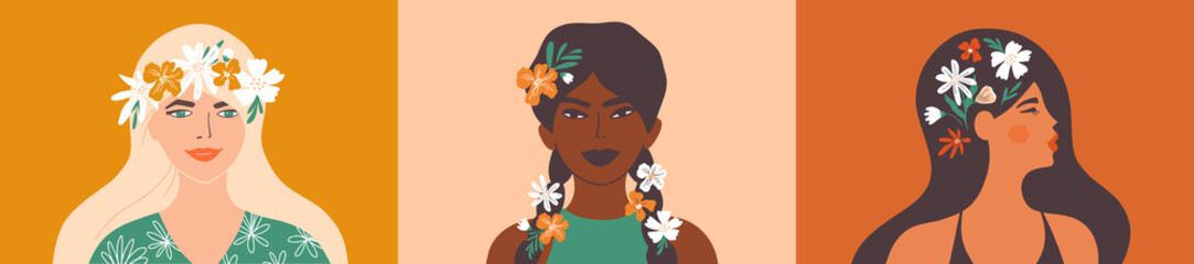Diversity beautiful women. Young woman with flower wreath hair on head, floral braids. Womens day 8 march. Natural beauty girl, stylish female. Self care, love. Set portraits, art vector illustrations