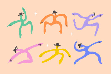 Vector set of dancing people. Neon colors characters make different dance movements. Abstract persons with disproportionate hands and legs in various poses. Isolated illustration of people silhouettes