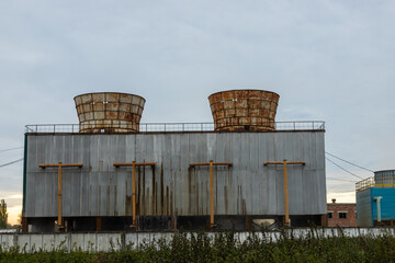 Industrial landscape. smoking chimneys CHP against a blue sky. Heat power station