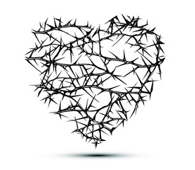 Hand drawn vector concept black tangled briar patch in the shape of a heart.