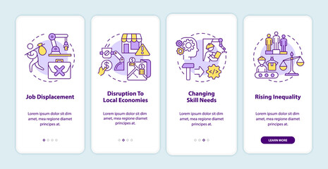 Negative automation impact on society onboarding mobile app screen. Walkthrough 4 steps graphic instructions pages with linear concepts. UI, UX, GUI template. Myriad Pro-Bold, Regular fonts used