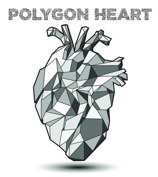 Abstract vector illustration of geometric polygonal heart wire frame in shades of grey.