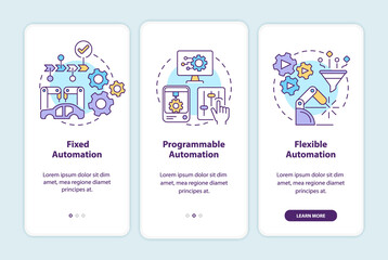 Fototapeta na wymiar Automation types onboarding mobile app screen. Program and software walkthrough 3 steps graphic instructions pages with linear concepts. UI, UX, GUI template. Myriad Pro-Bold, Regular fonts used