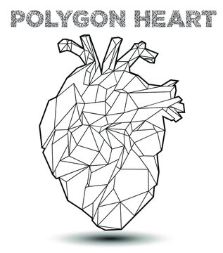 Abstract vector illustration of black and white geometric polygonal heart wire mesh.