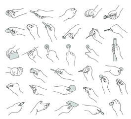 Vector minimalist line illustrations set of 33 right hands in various positions holding tools.
