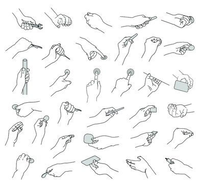 Vector minimalist line illustrations set of 33 left hands in various positions holding tools.