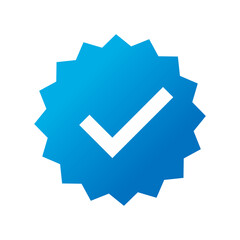 Profile verification, bright blue mark with check mark icon isolated on white