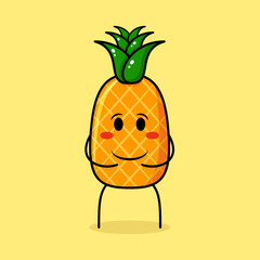 cute pineapple character with happy expression, smiling and both hands on stomach. green and yellow. suitable for emoticon, logo, mascot