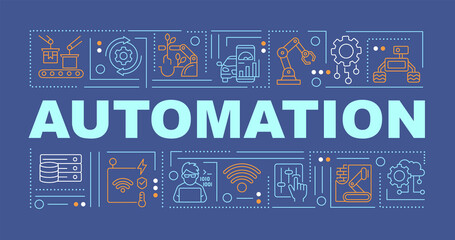 Automation word concepts dark blue banner. Innovative technology. Infographics with linear icons on background. Isolated typography. Vector outline color illustration with text. Arial-Black font used