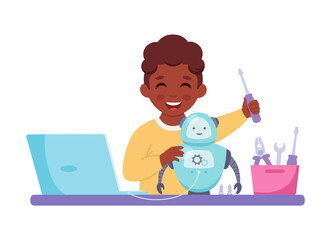 Little black boy creating a robot. Robotics, programming and engineering for kids. Vector illustration