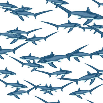Thresher shark seamless pattern in scandinavian style. Marine animals background. Vector illustration for children funny textile.