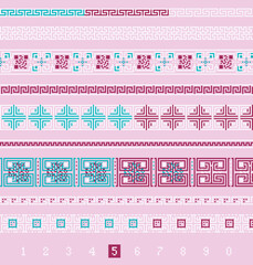 Set of greek patterns with qr code icons, pixel perfect art, squares, shapes, lines. Trendy pink and tiffany colors. Creative idea of encryption, scanning, matrix, coding, id cards, checking, security