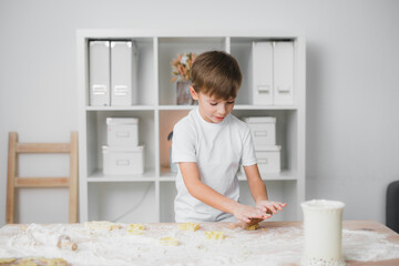 Home cooking concept. Caucasian boy child prepares pastries. He is rolling out raw cookie dough with a rolling pin, wearing a white T-shirt