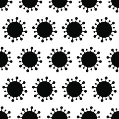 Seamless vector pattern of black COVID-19 coronavirus minimalist symbol on white background.