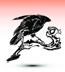 Crow on a branch. Japanese style traditional woodblock printing of ink crow on a branch in watercolor sunset sky. 