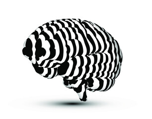 Abstract black and white striped vector illustration of a brain isolated on white background.