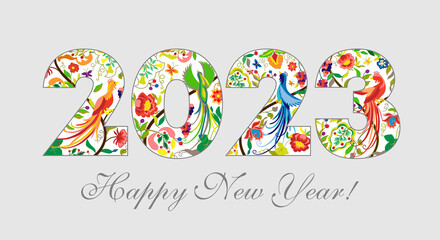Fototapeta na wymiar 2023 A Happy New Year congrats. Horizontal logotype concept. Floral fairy backdrop. Abstract isolated graphic design template. Decorative ethnical digits 0, 2 and 3. Creative Christmas decoration.