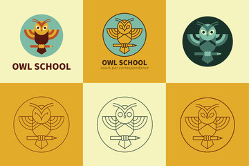 Logo set representing an owl holding a pencil in its paws. Design for an educational or creative business. 