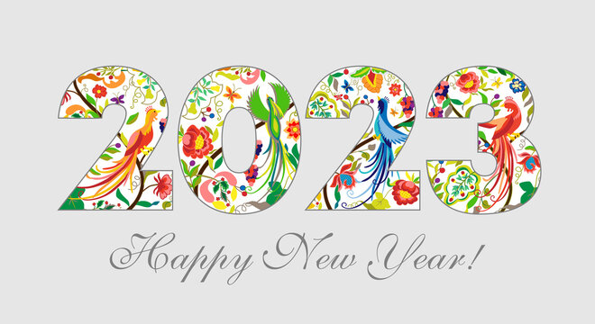 2023 A Happy New Year congrats. Horizontal logotype concept. Floral fairy backdrop. Abstract isolated graphic design template. Decorative ethnical digits 0, 2 and 3. Creative Christmas decoration.