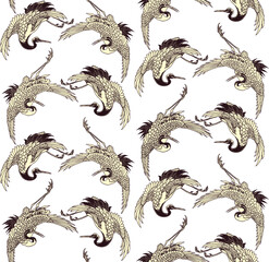 Vector seamless pattern of flying paired cranes in the style of asian traditional prints on white background.