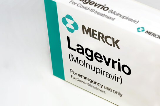 Merck Covid-19 Lagevrio (Molnupiravir) treatment box isolated on a white background